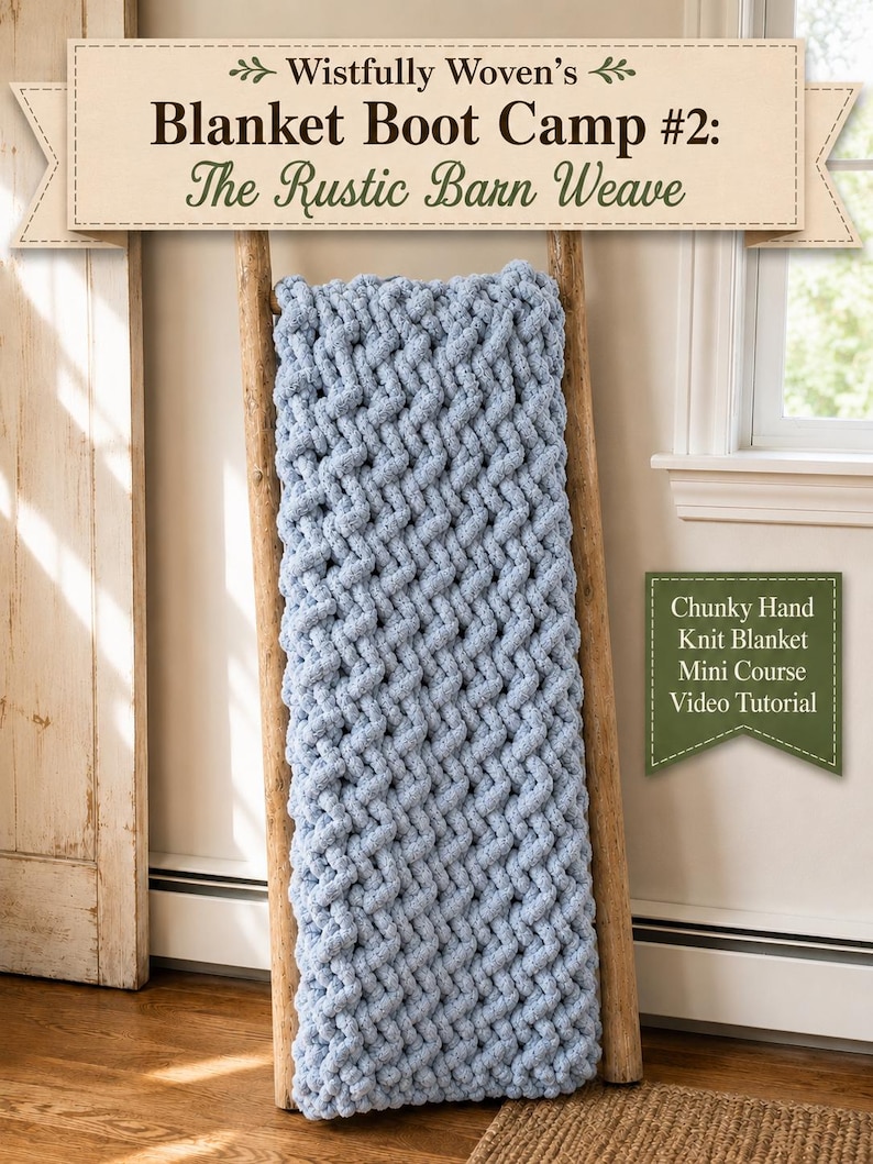 Beginner-friendly chunky hand knit blanket video tutorial by Wistfully Woven featuring the Rustic Barn Weave stitch pattern in a soft sky blue color. Digital PDF download includes a 15+ minute step-by-step YouTube tutorial teaching how to make a cozy chunky knit blanket from cast on to cast off.