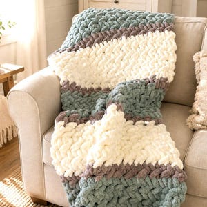 Beginner-friendly chunky hand knit blanket video tutorial by Wistfully Woven featuring the Rustic Barn Weave stitch pattern in a soft sky blue color. Digital PDF download includes a 15+ minute step-by-step YouTube tutorial teaching how to make a cozy chunky knit blanket from cast on to cast off.