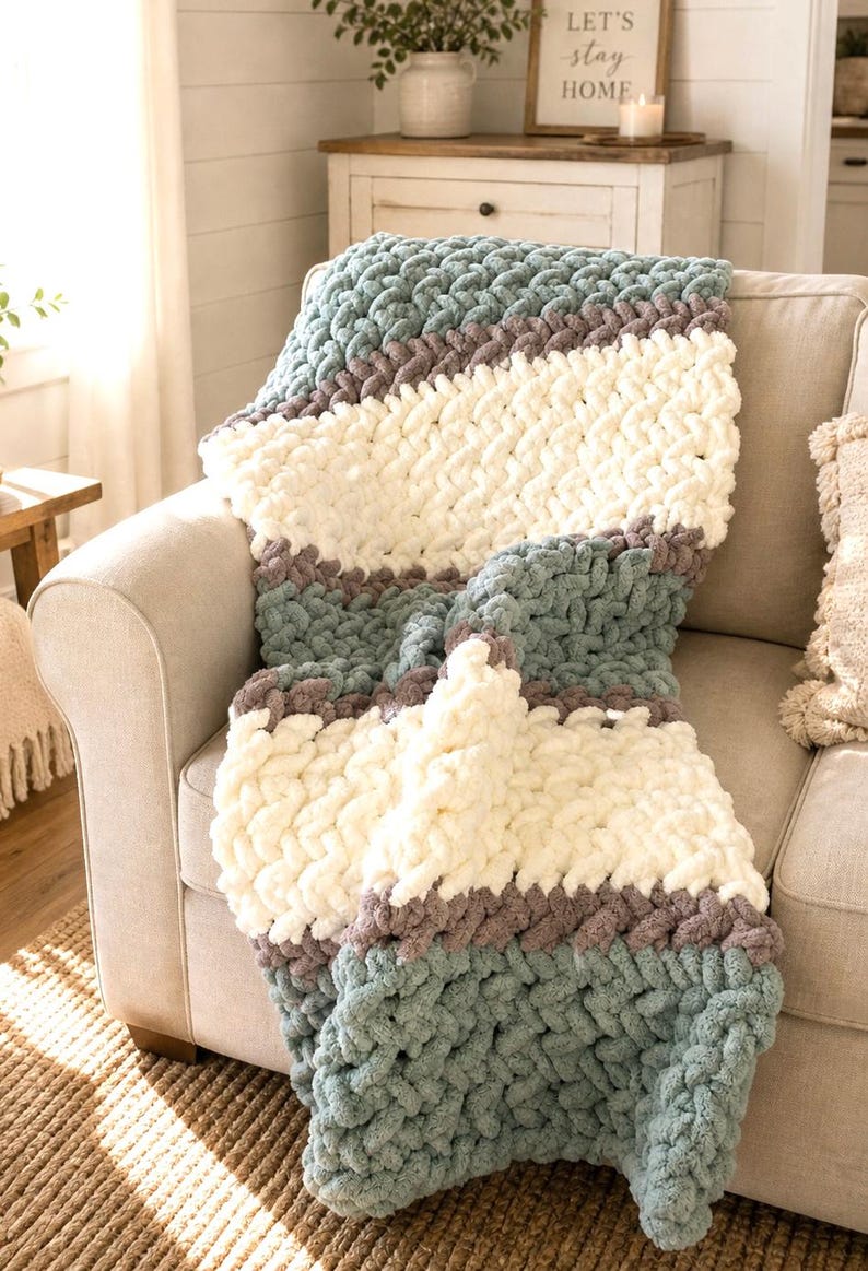 Beginner-friendly chunky hand knit blanket video tutorial by Wistfully Woven featuring the Rustic Barn Weave stitch pattern in a soft sky blue color. Digital PDF download includes a 15+ minute step-by-step YouTube tutorial teaching how to make a cozy chunky knit blanket from cast on to cast off.