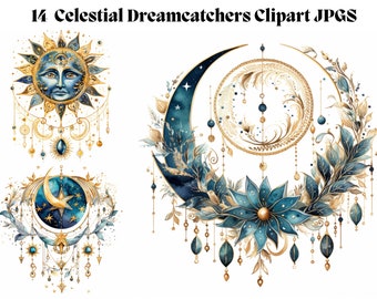 Celestial Dreamcatcher Clipart - 14 High Quality JPGs - Mystic Aesthetics Whimsigothic Sun Moon Stars Cosmic Charming Decor Print Card Craft