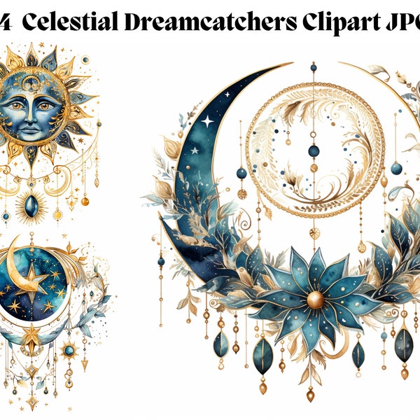 Clipart attrape-rêves céleste - 14 fichiers JPG de haute qualité - esthétique mystique lunatique soleil lune étoiles cosmique charmant décor impression carte artisanat