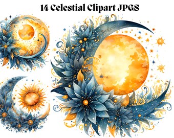 Himmlische Clipart blau gelb Blumen Mond Halbmond Sterne Sonne niedlich Boho Blume mystische Ästhetik Dekor Wand Kunst Druck Grafik digitaler Download