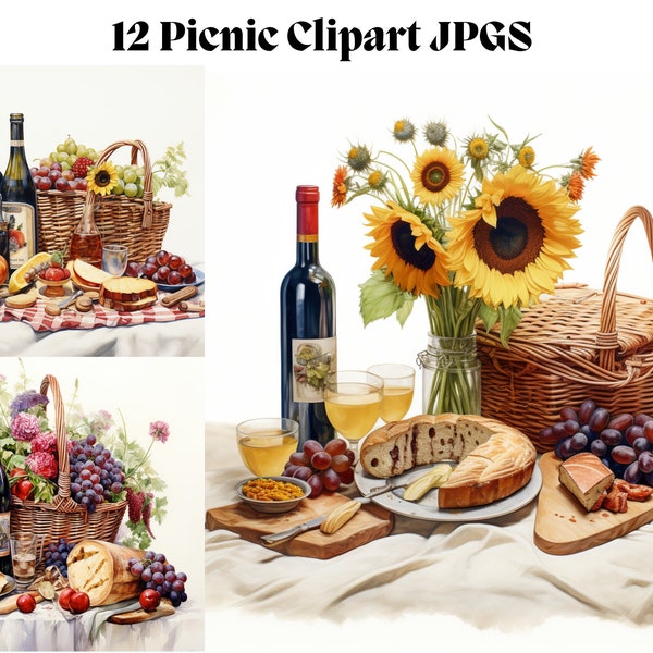 Picnic Clipart - 12 High Quality JPGs - Journal Book Cottagecore Aesthetics Softness Charming Sunflower Fall Decor Wall Art Digital Download