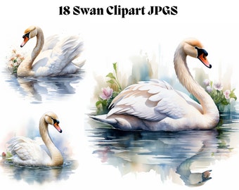 Watercolor Swan Clipart - 18 High Quality JPGs - Journal Book Aesthetics Cuteness Softness Charming White Digital Download Print Card Crafts