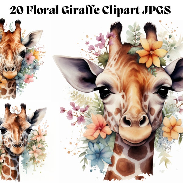 Floral Giraffe Clipart - 20 JPGs - Cute Watercolor Giraffe Kids Nursery Wall Art Baby Girl Room Wallpaper Decor Aesthetics Digital Download