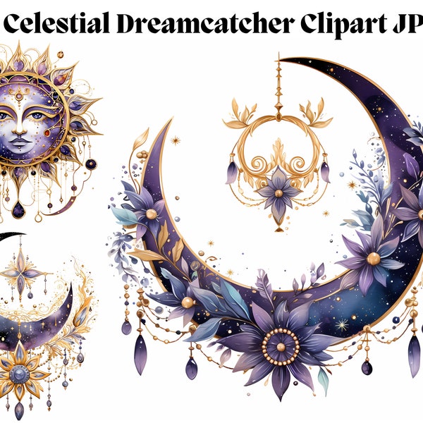 Celestial Dreamcatcher Clipart Purple & Gold Set JPGs Cosmic Mysticism Gifted Aesthetics Spiritualism Crescent Moon Sun Stars Digital Print