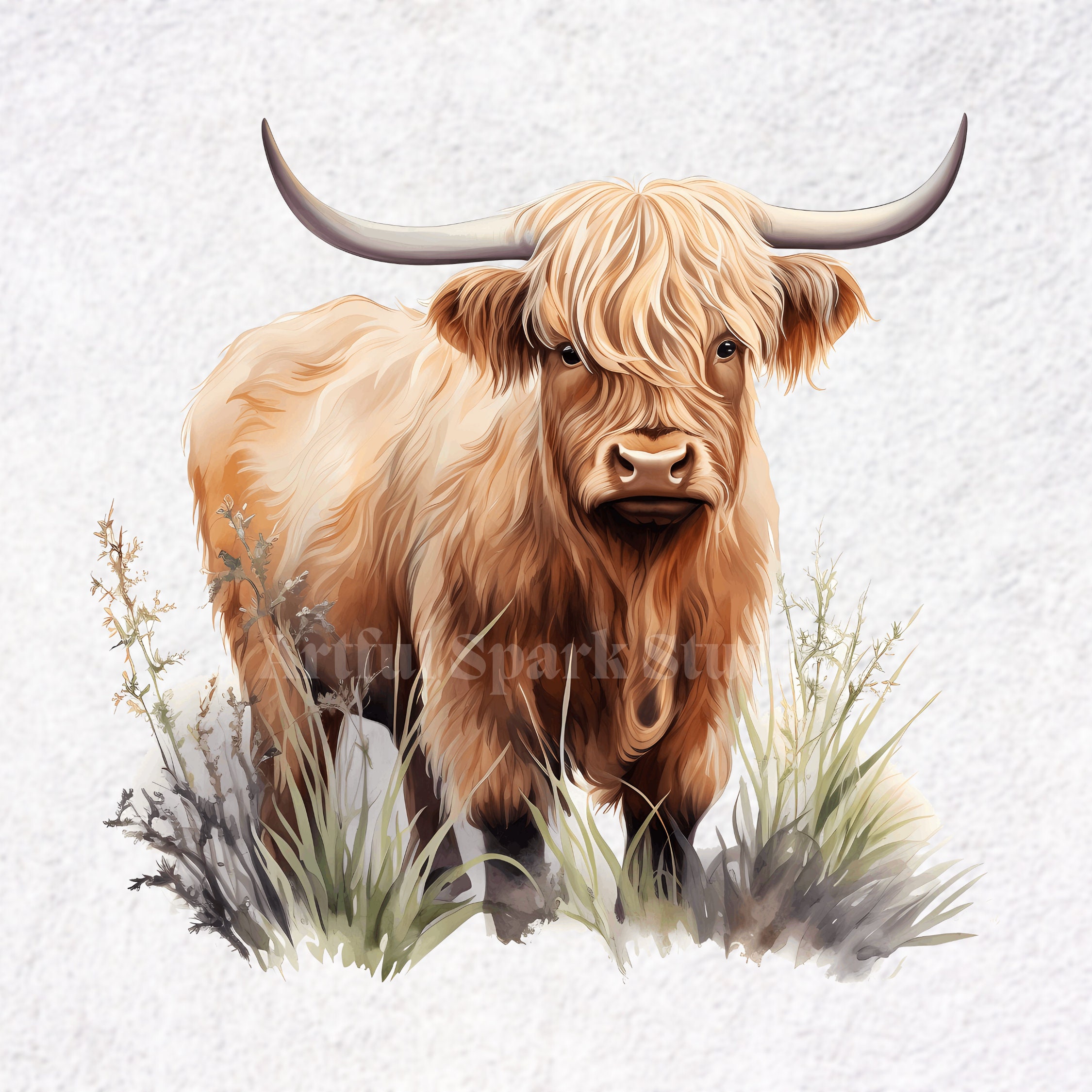 Watercolor Highland Cow Clipart PNG Cow in Grass Cute Farm Animal ...