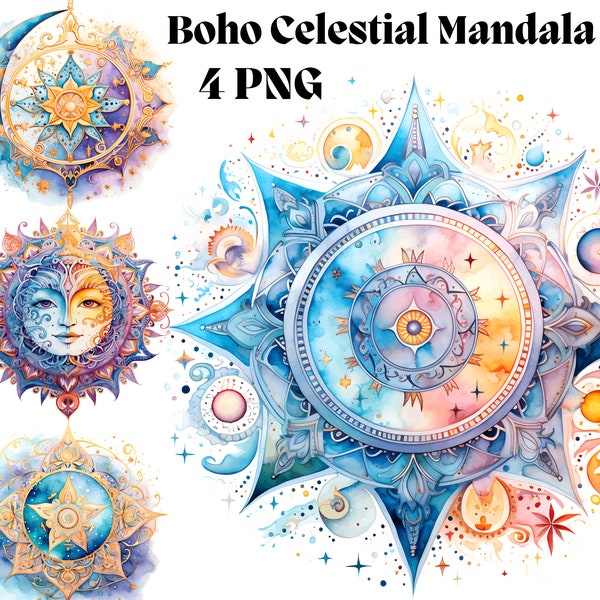 Dreamy Boho Celestial Mandala Clipart PNG Mysticism Gifted Sun Moon Stars Cosmic Nights Sky Spiritualism Wall Print Bookmark Digital Graphic