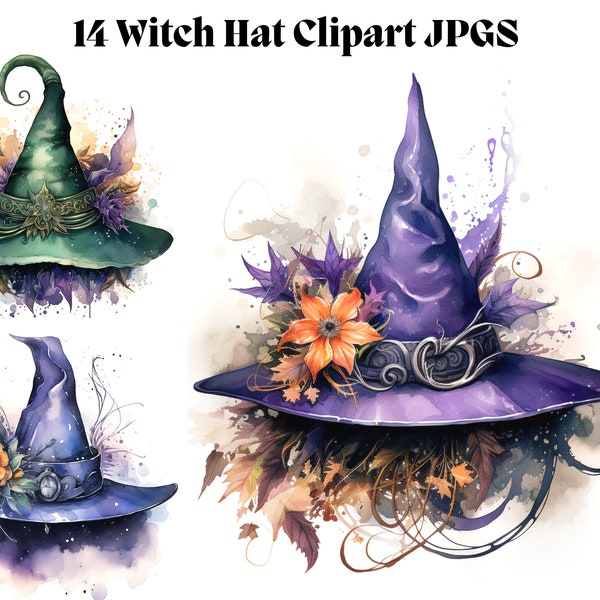 Watercolor Witch Hat Clipart Halloween Spooky Season Fall Witch Aesthetics Cottagecore Vintage Whimsigothic Decor Art Print Digital Download