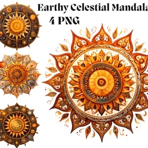 May include: Four digital illustrations of a mandala with a sun and celestial bodies in the center. The mandala is in shades of gold, brown, and black. The background is white.