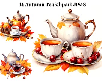 Autumn Tea Clipart Fall Cozy Tea Pot Cup Thanksgiving Tea Party Aesthetics Cottagecore Vintage Card Wall Art Print Graphic Digital Download