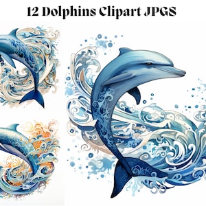 Aquarell Delfin Clipart - 12 hochwertige JPGs - Welle Bohomodern Muster, Niedlichkeit Ästhetik Weichheit charmante Bohochic Druck Karte Handwerk