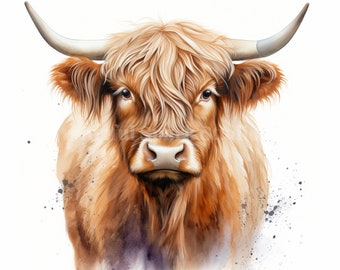 Watercolor Highland Cow Clipart - 12 High Quality JPGs Digital Download Farm Animal Clip Art Digital Paper Craft Cute Aesthetics Soft Prints