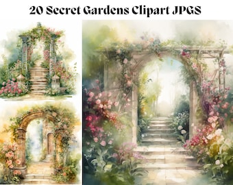 May include: A collection of 20 Secret Gardens Clipart JPGs featuring watercolor illustrations of stone archways, staircases, and climbing roses in shades of pink, green, and cream. The images depict garden entrances with floral vines and stone steps.
