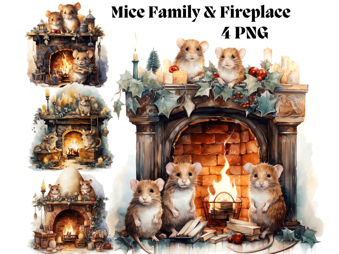 Mice Family Fireplace Clipart PNG Warm Cozy Mice Cute Mouse Winter