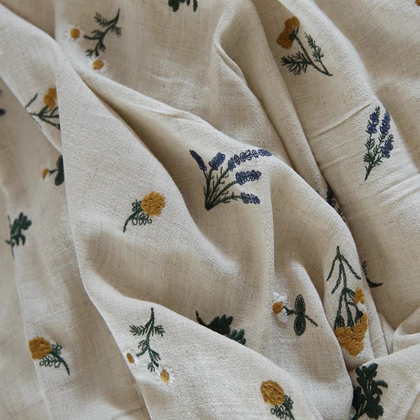 Japanese Vintage Cotton And Linen Flower Embroidery Fabric, Decorative Fabric, DIY Fabric, Flower Fabric By The Half Yard