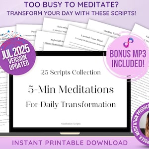 Paquete de guiones de meditación de 5 minutos / 25 guiones de meditaciones guiadas de 5 minutos / Descarga en PDF / Incluye audio MP3 adicional / Guiones de meditación fáciles