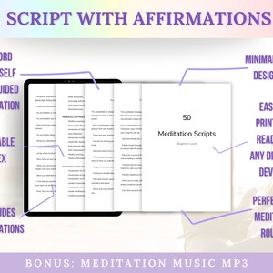 May include: A digital download of 50 meditation scripts for beginners. The cover features a minimalist design with the title "50 Meditation Scripts" and the text "Beginner Level".