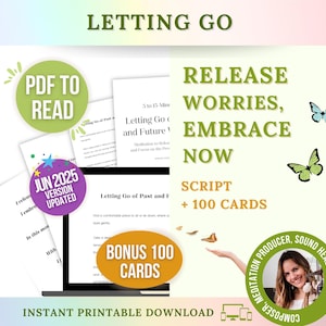 Guión de meditación guiada para dejar ir, tarjetas de afirmación de atención plena, PDF de reducción del estrés, descarga de material imprimible para aliviar el estrés, cómo dejar ir el pasado