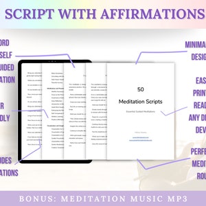 Pode incluir: Um download digital de 50 scripts de medita&ccedil;&atilde;o guiada com afirma&ccedil;&otilde;es. Os scripts s&atilde;o projetados para serem facilmente impressos ou lidos em qualquer dispositivo digital. O download tamb&eacute;m inclui um arquivo MP3 de m&uacute;sica de medita&ccedil;&atilde;o b&ocirc;nus.