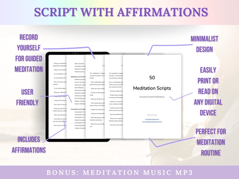 Pode incluir: Um download digital de 50 scripts de medita&ccedil;&atilde;o guiada com afirma&ccedil;&otilde;es. Os scripts s&atilde;o projetados para serem facilmente impressos ou lidos em qualquer dispositivo digital. O download tamb&eacute;m inclui um arquivo MP3 de m&uacute;sica de medita&ccedil;&atilde;o b&ocirc;nus.