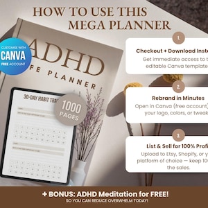 May include: An open planner with the text "ADHD Life Planner" and "1000 Pages". A tablet displays a 30-day habit tracker. The image includes instructions on how to use the planner, including Canva customization and selling options.