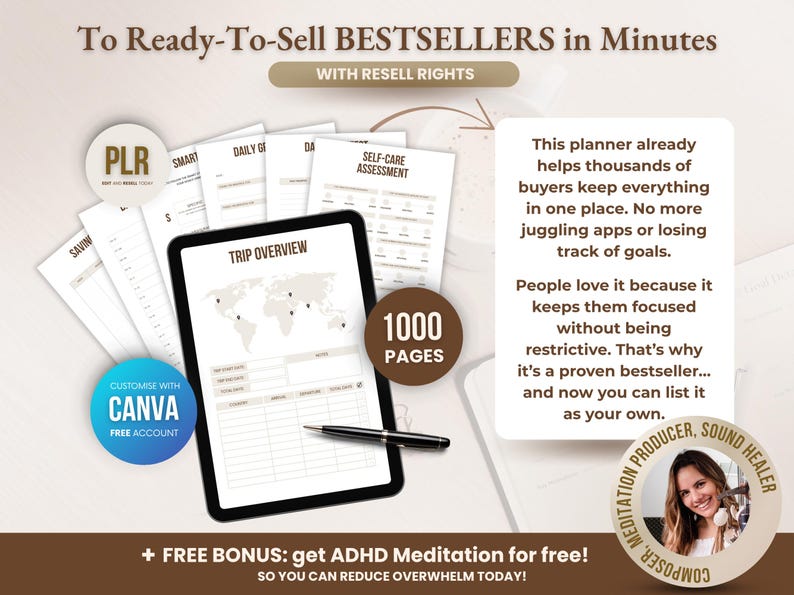 May include: Digital planner with the text "Trip Overview" on a tablet, surrounded by paper documents and the text "1000 Pages." The image includes the text "To Ready-To-Sell BESTSELLERS in Minutes" and "Customize with Canva." A bonus offer is also included.