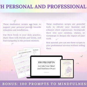 Pode incluir: Um download digital de scripts de medita&ccedil;&atilde;o para uso pessoal e profissional. A imagem mostra uma tela de laptop com o texto "100 Prompts to Calm Your Mind and Find Inner Peace" e um tablet com o texto "Calming Your Mind".