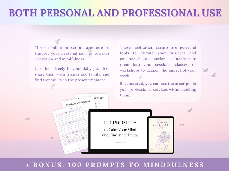 Pode incluir: Um download digital de scripts de medita&ccedil;&atilde;o para uso pessoal e profissional. A imagem mostra uma tela de laptop com o texto "100 Prompts to Calm Your Mind and Find Inner Peace" e um tablet com o texto "Calming Your Mind".