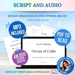 Encuentre la calma con el guión de meditación guiada Ocean y MP3 / Acceso instantáneo