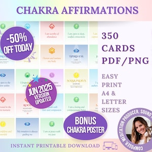 Tarjetas de Afirmaciones de Chakras, Póster de Chakras, Set de Tarjetas de Chakras Imprimibles, Afirmaciones de Chakras de Reiki, Tarjetas de Yoga, Tarjetas Digitales de Mantras