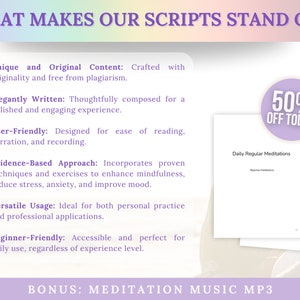 Pode incluir: Um gr&aacute;fico roxo e branco com o texto "WHAT MAKES OUR SCRIPTS STAND OUT:" e uma lista de marcadores descrevendo os recursos dos scripts. O gr&aacute;fico tamb&eacute;m inclui um c&iacute;rculo rosa e branco com o texto "50% OFF TODAY" e uma maquete de um documento intitulado "Daily Regular Meditations".