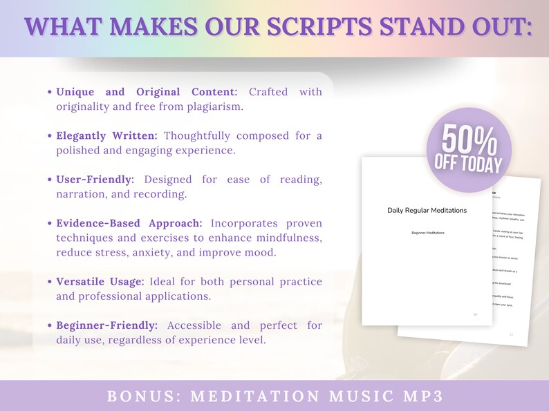 Pode incluir: Um gr&aacute;fico roxo e branco com o texto "WHAT MAKES OUR SCRIPTS STAND OUT:" e uma lista de marcadores descrevendo os recursos dos scripts. O gr&aacute;fico tamb&eacute;m inclui um c&iacute;rculo rosa e branco com o texto "50% OFF TODAY" e uma maquete de um documento intitulado "Daily Regular Meditations".