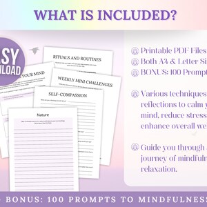 Pode incluir: Um guia PDF imprim&iacute;vel com o texto "What is Included?" e "Easy Download" em c&iacute;rculos roxos. O guia inclui se&ccedil;&otilde;es para rituais e rotinas, desafios semanais em miniatura, compaix&atilde;o por si mesmo e natureza. O guia tamb&eacute;m inclui 100 prompts para mindfulness.