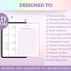 Pode incluir: Um download digital de um di&aacute;rio imprim&iacute;vel com fundo roxo e o texto "EASY DOWNLOAD" em um c&iacute;rculo roxo. O di&aacute;rio foi projetado para ajudar a reduzir o estresse, melhorar a autoconsci&ecirc;ncia, promover o pensamento positivo, melhorar a clareza mental, impulsionar a criatividade, encorajar a aten&ccedil;&atilde;o plena, promover a cura emocional, fortalecer o foco, melhorar a qualidade do sono, apoiar o crescimento pessoal, reduzir a ansiedade, aumentar a felicidade e desenvolver a resili&ecirc;ncia. O di&aacute;rio tamb&eacute;m inclui 100 prompts para a aten&ccedil;&atilde;o plena.