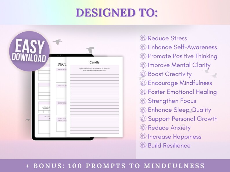 Pode incluir: Um download digital de um di&aacute;rio imprim&iacute;vel com fundo roxo e o texto "EASY DOWNLOAD" em um c&iacute;rculo roxo. O di&aacute;rio foi projetado para ajudar a reduzir o estresse, melhorar a autoconsci&ecirc;ncia, promover o pensamento positivo, melhorar a clareza mental, impulsionar a criatividade, encorajar a aten&ccedil;&atilde;o plena, promover a cura emocional, fortalecer o foco, melhorar a qualidade do sono, apoiar o crescimento pessoal, reduzir a ansiedade, aumentar a felicidade e desenvolver a resili&ecirc;ncia. O di&aacute;rio tamb&eacute;m inclui 100 prompts para a aten&ccedil;&atilde;o plena.