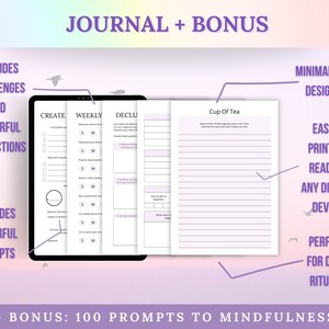 Pode incluir: Um di&aacute;rio digital com um design roxo e branco. O di&aacute;rio inclui se&ccedil;&otilde;es para criar, reflex&otilde;es semanais, organizar e uma x&iacute;cara de ch&aacute;. O texto "JOURNAL + BONUS" est&aacute; no topo da imagem. O texto "+ BONUS: 100 PROMPTS TO MINDFULNESS" est&aacute; na parte inferior da imagem.