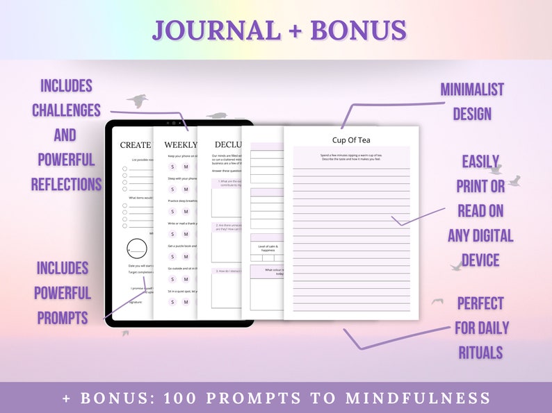 Pode incluir: Um di&aacute;rio digital com um design roxo e branco. O di&aacute;rio inclui se&ccedil;&otilde;es para criar, reflex&otilde;es semanais, organizar e uma x&iacute;cara de ch&aacute;. O texto "JOURNAL + BONUS" est&aacute; no topo da imagem. O texto "+ BONUS: 100 PROMPTS TO MINDFULNESS" est&aacute; na parte inferior da imagem.
