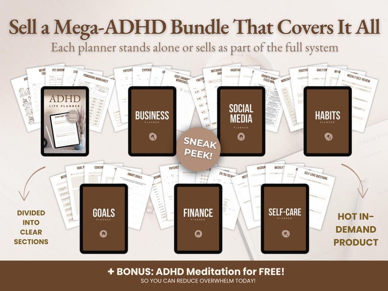 May include: An advertisement for an ADHD planner bundle. The image shows several digital planners labeled "Business", "Social Media", "Habits", "Goals", "Finance", and "Self-Care". The text reads "Sell a Mega-ADHD Bundle That Covers It All".