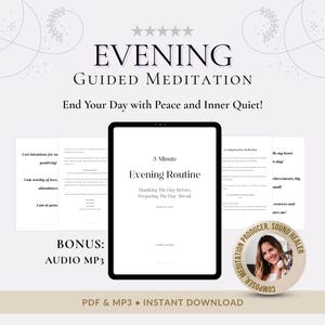 May include: A digital download advertisement for an evening guided meditation. The image features a tablet displaying a 3-minute evening routine, with the text "Evening Guided Meditation" and "End Your Day with Peace and Inner Quiet!"