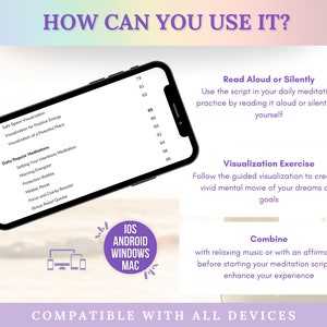 Pode incluir: Uma ilustra&ccedil;&atilde;o roxa e branca de um smartphone com uma lista de medita&ccedil;&otilde;es guiadas. O texto "HOW CAN YOU USE IT?" est&aacute; no topo da imagem. A imagem tamb&eacute;m inclui texto sobre como usar as medita&ccedil;&otilde;es, incluindo "Read Aloud or Silently", "Visualization Exercise" e "Combine". A imagem tamb&eacute;m inclui um logotipo para iOS, Android, Windows e Mac.
