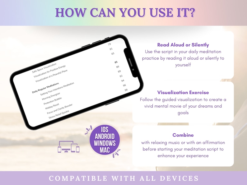 Pode incluir: Uma ilustra&ccedil;&atilde;o roxa e branca de um smartphone com uma lista de medita&ccedil;&otilde;es guiadas. O texto "HOW CAN YOU USE IT?" est&aacute; no topo da imagem. A imagem tamb&eacute;m inclui texto sobre como usar as medita&ccedil;&otilde;es, incluindo "Read Aloud or Silently", "Visualization Exercise" e "Combine". A imagem tamb&eacute;m inclui um logotipo para iOS, Android, Windows e Mac.