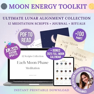 Può includere: Download digitale intitolato "Moon Energy Toolkit" con il testo "Ultimate Lunar Alignment Collection". L'immagine include un laptop e un tablet che mostrano contenuti, insieme a documenti aggiuntivi. Il toolkit offre 12 script di meditazione, un diario, rituali e un calendario lunare completo 2025.