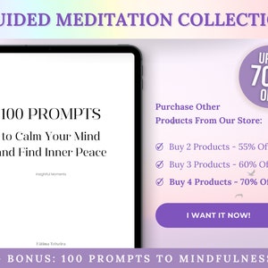 Pode incluir: Uma capa de produto digital com fundo roxo e texto branco. O texto diz "100 PROMPTS para acalmar sua mente e encontrar a paz interior". A capa tamb&eacute;m inclui o texto "Moments perspicaces" e "F&aacute;tima Teixeira". A capa &eacute; cercada por uma borda branca. A imagem tamb&eacute;m inclui um bot&atilde;o roxo com o texto "EU QUERO AGORA!" e um c&iacute;rculo rosa com o texto "AT&Eacute; 70% DE DESCONTO".