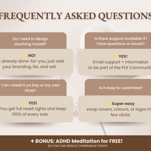 May include: A graphic with the title "FREQUENTLY ASKED QUESTIONS" and answers to common questions. The answers are in beige boxes with brown borders. The questions include: design, resell rights, support, and customization. The image also includes a bonus offer.