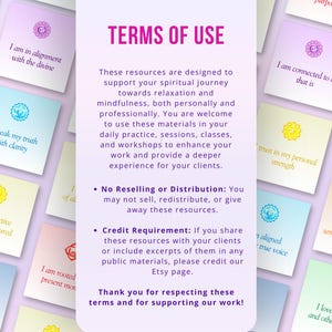May include: A set of colorful affirmation cards with a chakra symbol and affirmation text on each card. The cards are designed to support spiritual journeys and mindfulness. The text on the cards includes "No Reselling or Distribution" and "Credit Requirement".