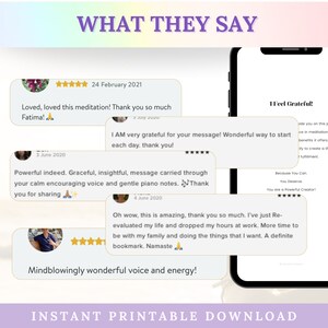 May include: A screenshot of a phone displaying a meditation app with the text "I Feel Grateful!" and a series of positive reviews from users. The reviews highlight the app's calming voice, insightful messages, and overall positive impact. The text "WHAT THEY SAY" is displayed at the top of the image.