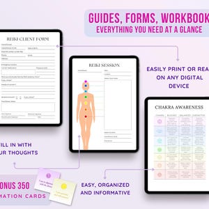 May include: A digital guide for Reiki practitioners, featuring a client form, session notes, and a chakra awareness chart. The guide is designed to be easily printed or read on any digital device. It also includes a bonus set of 350 affirmation cards.