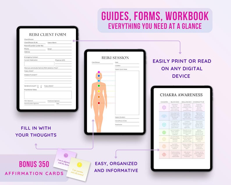 May include: A digital guide for Reiki practitioners, featuring a client form, session notes, and a chakra awareness chart. The guide is designed to be easily printed or read on any digital device. It also includes a bonus set of 350 affirmation cards.
