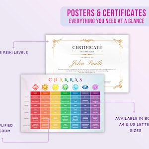 May include: A set of printable posters and certificates for Reiki practitioners. The posters feature a colorful chakra chart with descriptions of each chakra. The certificate is a gold and white design with the text "Certificate of Completion" and "Awarded to John Smith".